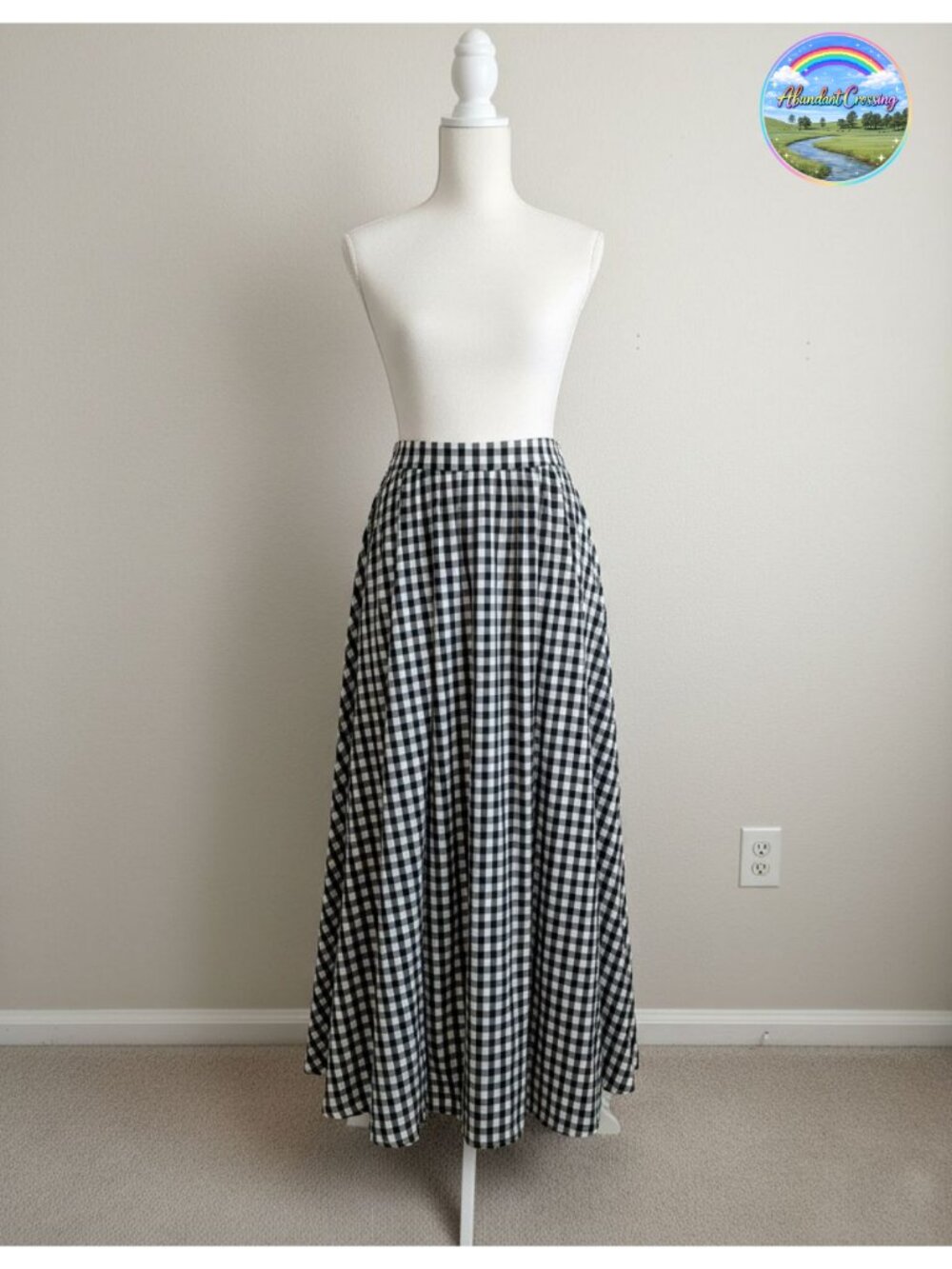 Gingham Plaid Maxi Skirt High Waist A-Line Pleated Long Skirt Side Pockets